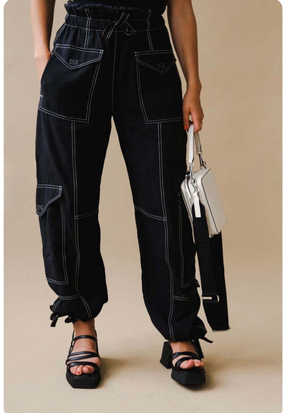 GANNI Women's Black Contrast Stitch Light Slub Cargo Pants Size EU 32/ US XXS/0